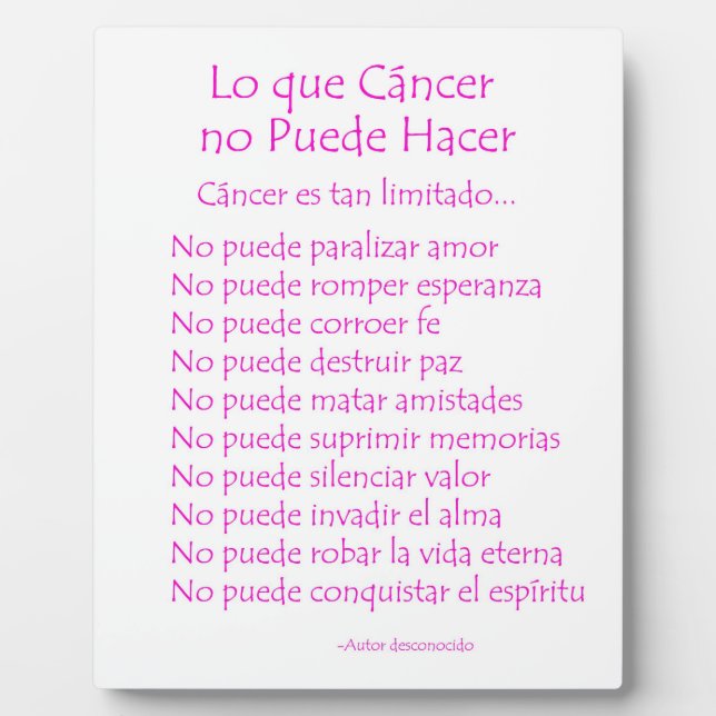 Lo que Cancer no Puede Hacer Poem Plaque (Devant)