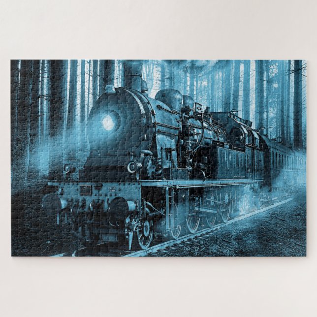 Locomotive dans les tons bleu - Grand Puzzle (Horizontal)