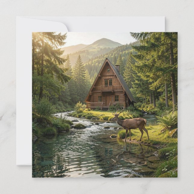 Log Cabin, Stream, Mountains and Deer Nature Art (Devant)