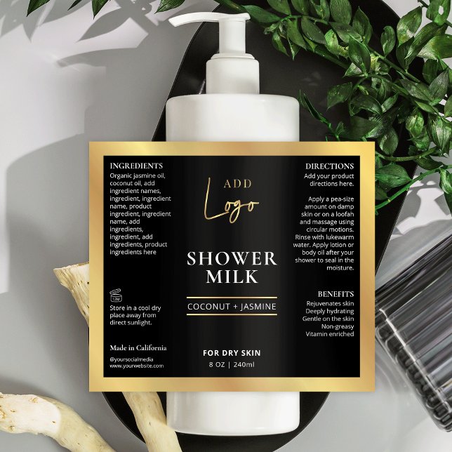 Logo Black & Gold 6.7oz 8oz Étiquette de bouteille (Black & gold waterproof product label with your logo, great for large cosmo bottles *verify size)