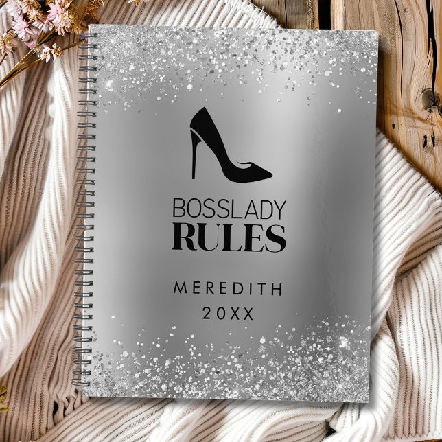 Logo Boss Parties scintillant Argent Lady Stiletto (Sparkly Silver Glitter Boss Lady Rules Stiletto Logo Personalized Planner)