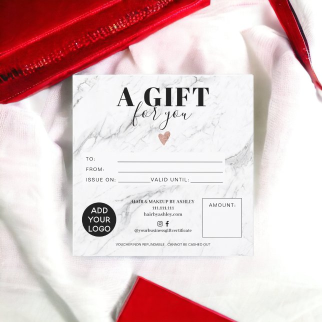 Logo cadeau carré en marbre blanc chic (Chic white marble square gift certificate logo)
