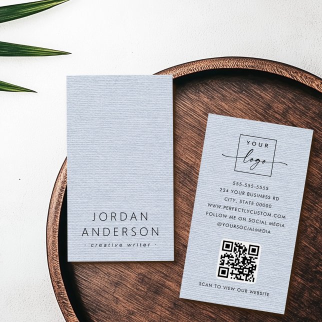 Logo d'apparence bleu pâle QR code carte de visite (Light dusty blue linen look logo QR code business cards)