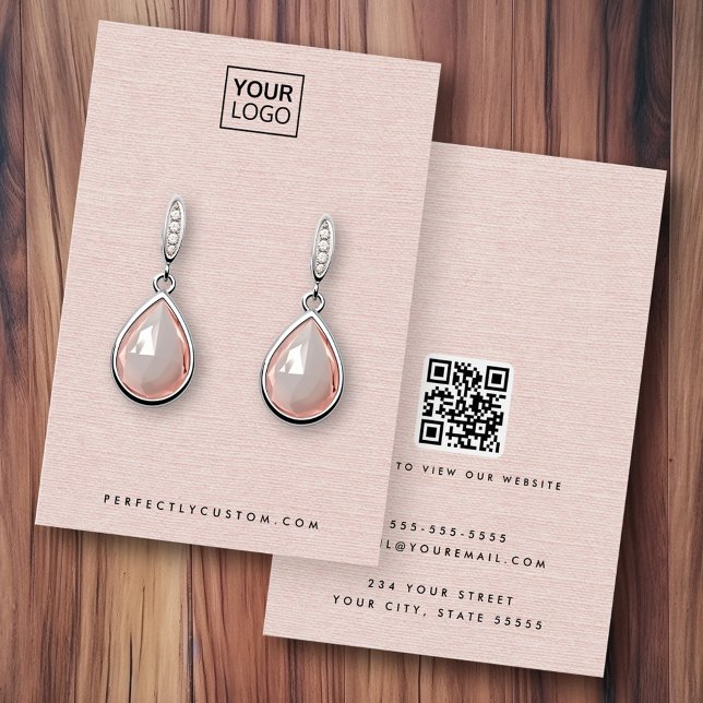 Logo d'apparence de lin rose vierge QR carte d'aff (Blush pink linen look logo QR earring display card)