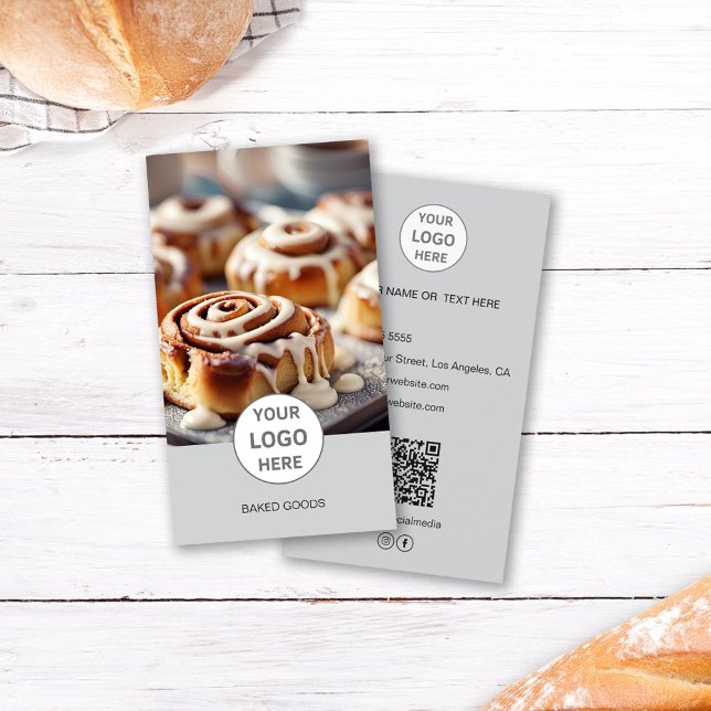 Logo de boulangerie Photo QR Code Carte de visite  (Bakery Logo Photo QR Code Gray Business Card)