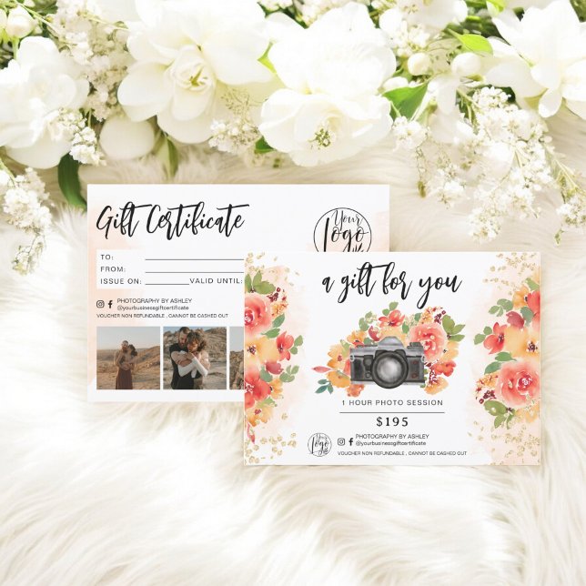 logo de certificat cadeau or floral photographe (floral photographer gold gift certificate logo)