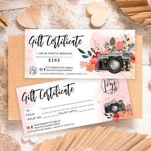 Logo de certificat cadeau photographe en or floral