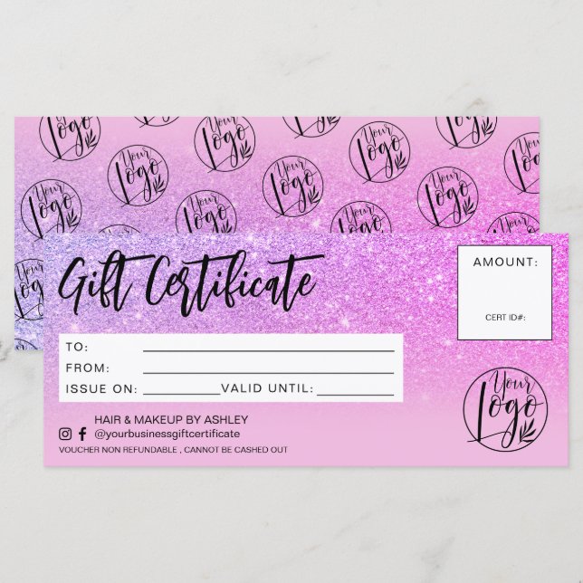Logo de certificat cadeau rose parties scintillant (Devant / Derrière)