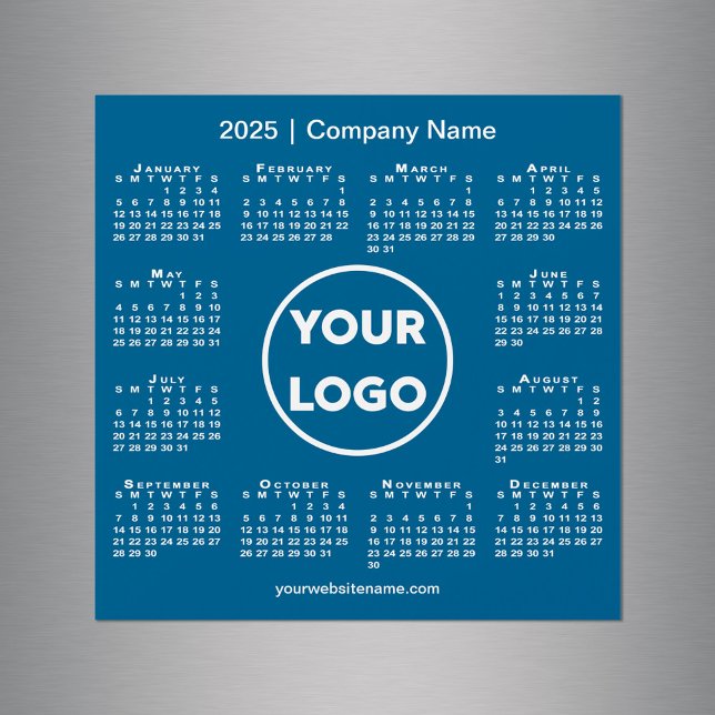 Logo de l'entreprise Calendrier 2025 sur Blue Magn (Modern 2025 Calendar Company Logo on Blue Magnet in situ)