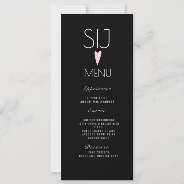 Logo de mariage Menu de dîner cœur rose noir et bl (Devant)