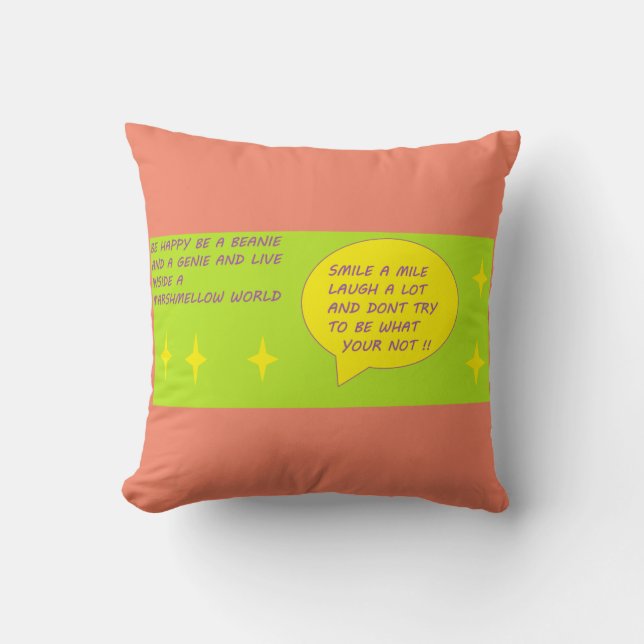 Logo de message heureux sur un coussin rose saumon (Recto)