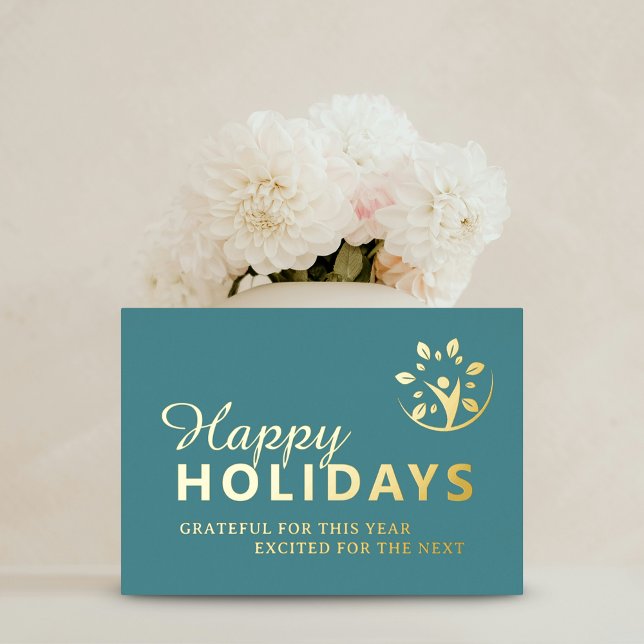 Logo de vacances joyeuses affaires feuille dorée t (Happy holidays logo business turquoise gold foil foil holiday card)
