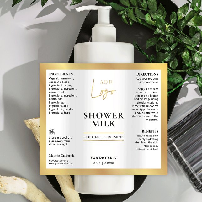 Logo d'or moderne 6 OZ 8 OZ Étiquette de bouteille (Chic faux gold waterproof product label with your logo, great for large cosmo bottles *verify size)