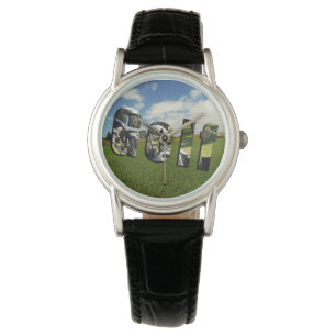 Logo du terrain de golf, montre en cuir noir Dames