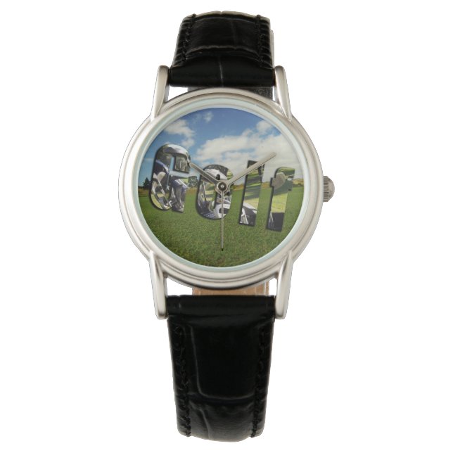 Logo du terrain de golf, montre en cuir noir Dames (devant)