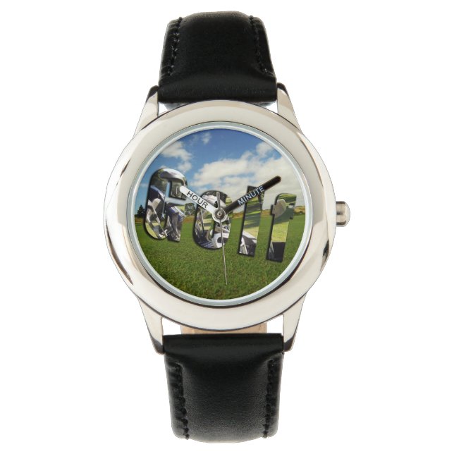 Logo du terrain de golf, Montre en cuir noir pour  (devant)