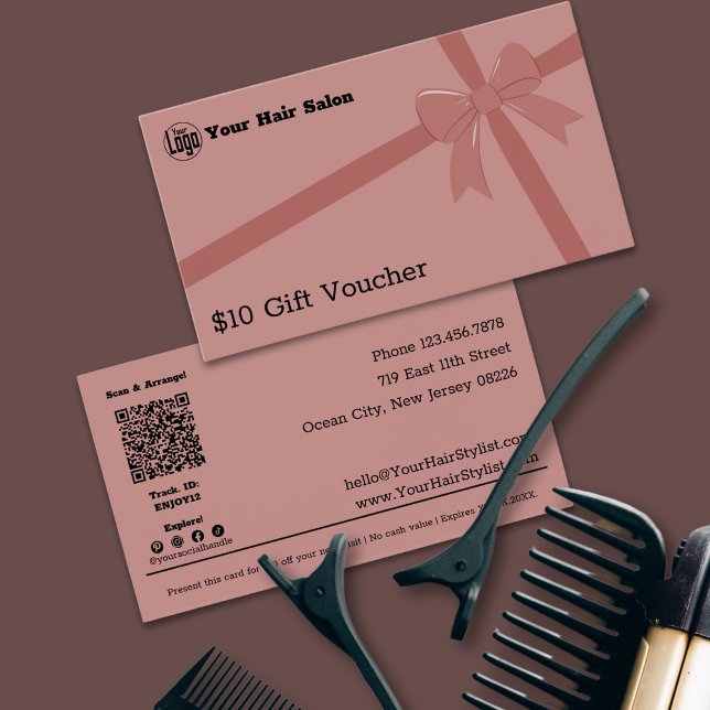 Logo élégant QR Code ruban 10 $ Carte cadeau Bon c (Stylish Logo QR Code Ribbon $10 Gift Voucher Card)