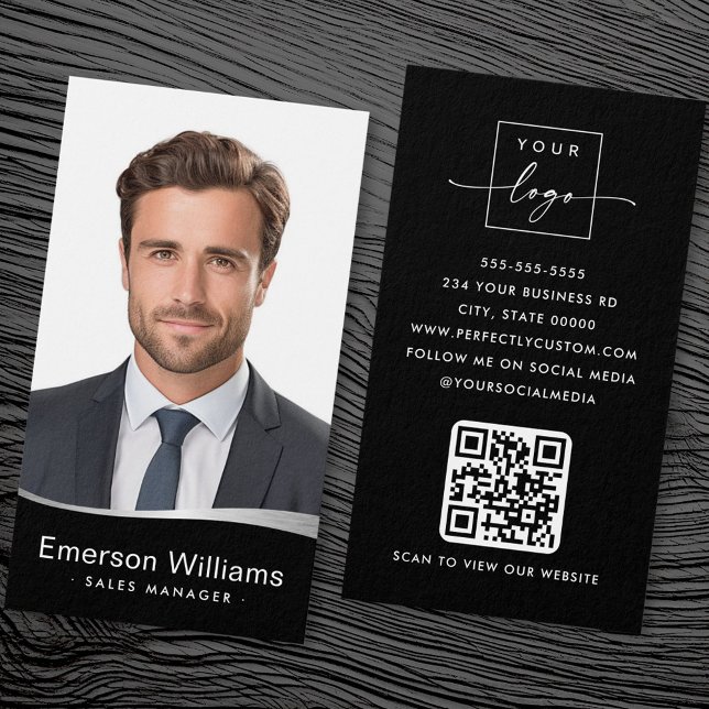 Logo fausse onde argent photo QR noir carte de vis (Logo faux silver wave photo QR black business card)