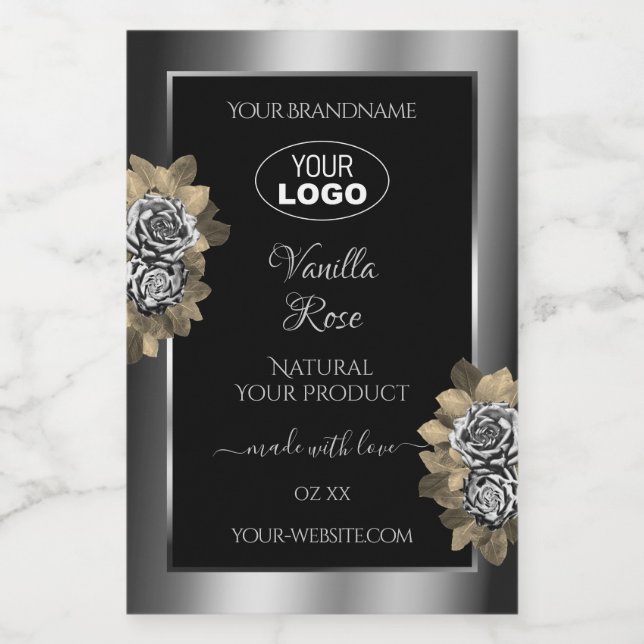 Logo Floral Noir Argent Étiquette Rose feuille (Étiquettes simples)