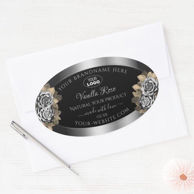 Logo Floral Noir Argent Étiquette Rose feuille (Enveloppe)