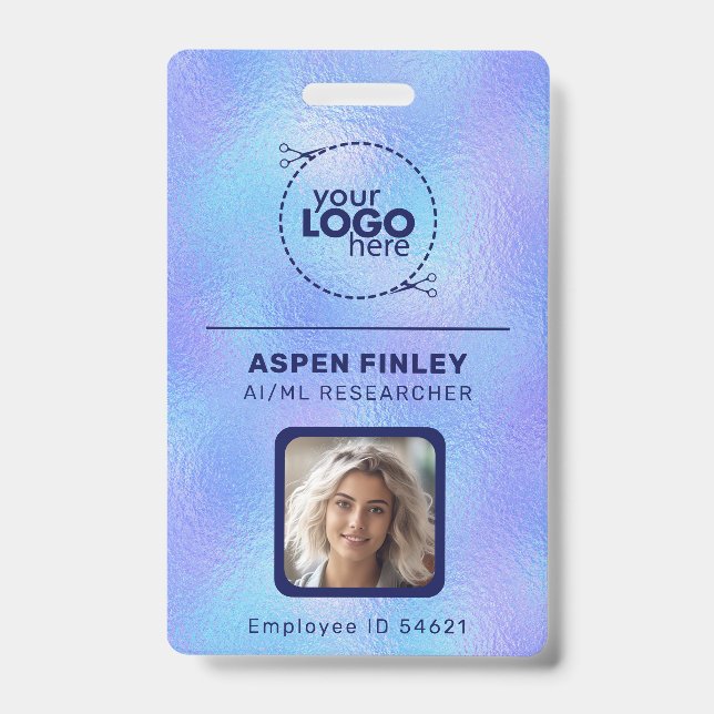 Logo Iridescente Faux Foil Photo QR-Code Nom Badge (Avant)