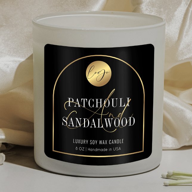 Logo moderne Noir & Or Chandelles Soy Étiquette pr (Professional black and gold product jar labels with gold arch and space for your logo)