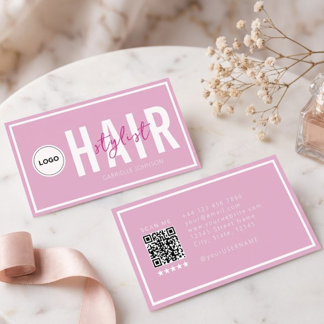 Logo Moderne QR Rose Pâle Carte de Visite Coiffeur (Créateur téléchargé)