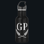 logo monogramme personnalisé bouteille d'eau noire<br><div class="desc">Bouteille d'eau noire sur le logo monogramme personnalisé. Paraphe élégant design de couronne de laurier. Cadeaux monogrammés personnalisés pour le sport et plus encore. Un cadeau personnalisé pour lui. Une idée cadeau d'entreprise classique pour les clients, les partenaires, les clients, etc. Des cadeaux uniques pour les hommes et les femmes...</div>
