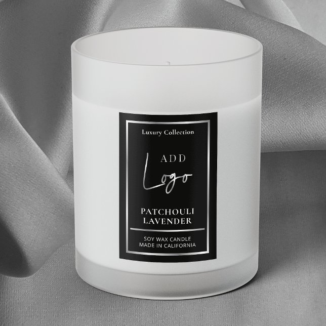 Logo noir et argent Élégant bougie Étiquette verti (Modern vertical product label with black background and faux silver effects)