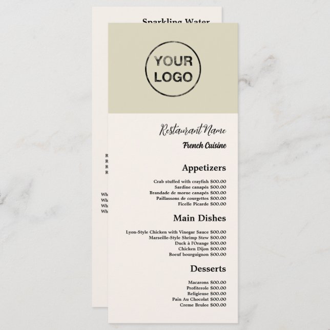 Logo personnel, Menu mince pour restaurant (Devant / Derrière)