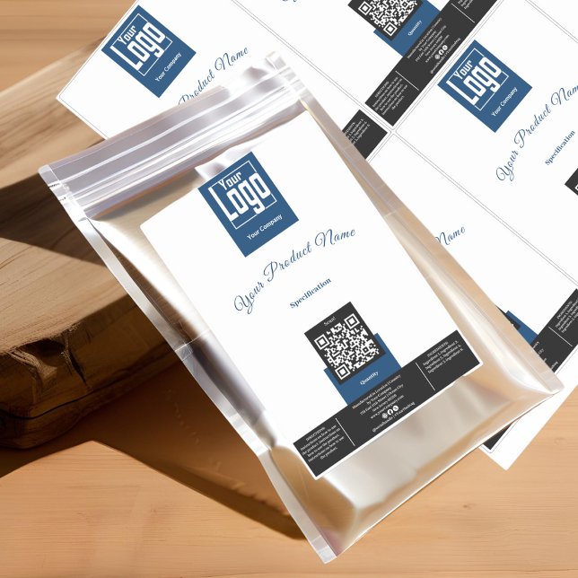 Logo QR Code Bleu Noir Blanc Grand Étiquette de pr (Logo QR Code Blue Black White Large Product Label)