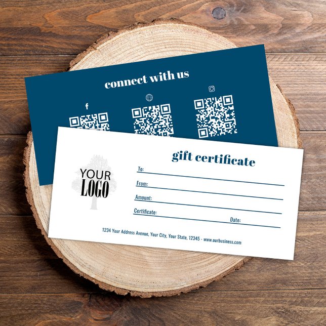 Logo simple QR Code certificat cadeau bleu (A blue add your logo gift certificate. )