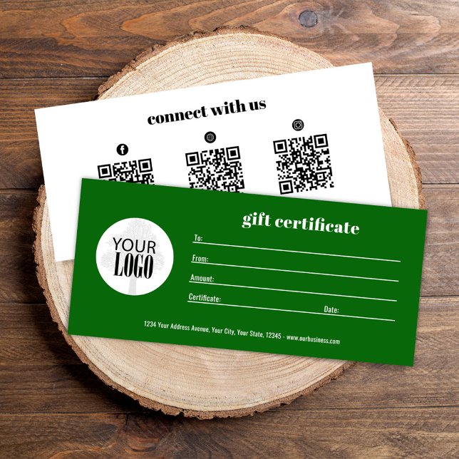 Logo simple QR Code certificat cadeau vert (Green and white custom add your logo gift certificate)