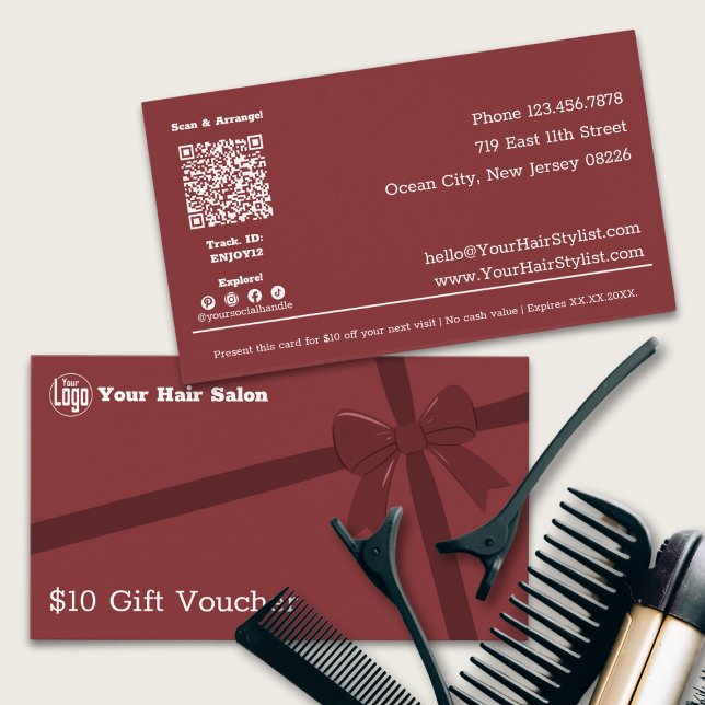 Logo simple ruban code QR $10 chèque cadeau Carte  (Simple Logo QR Code Ribbon $10 Gift Voucher Card, Business Card Sized, Ribbon)