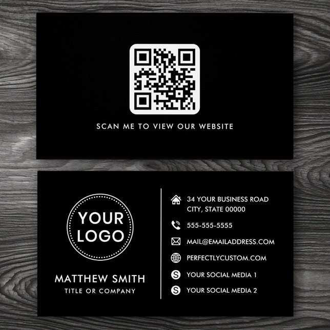 Logo site web médias sociaux QR carte de visite no (Professional black business cards with custom logo and QR code template)