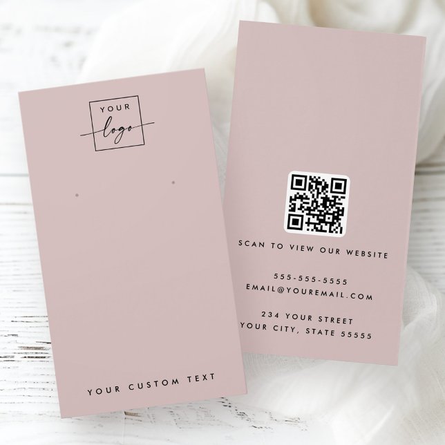 Logo taupe rose clair QR carte d'affichage d'oreil (Light rose taupe logo QR earring display card)