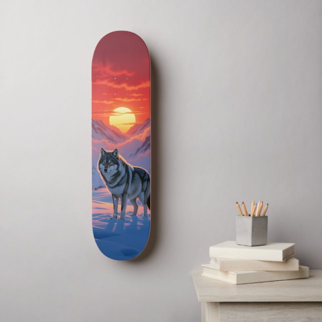 Lone Wolf Stands Against The Sunset Skateboard (Art mural)