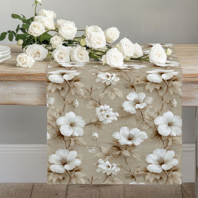Long Chemin de table aux couleurs neutres avec motifs f (Elegant White Floral Neutral Colors Table Runner)
