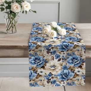 Long Chemin de table décoratif à fleurs bleu marine pou