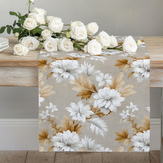 Long Chemin de table Fleurs Blanches Ivoire Beige Terre (Earthy Beige Ivory White Flowers Table Runner)