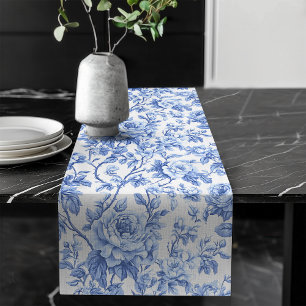 Long Chemin de table floral aux roses Toile de Jouy ble