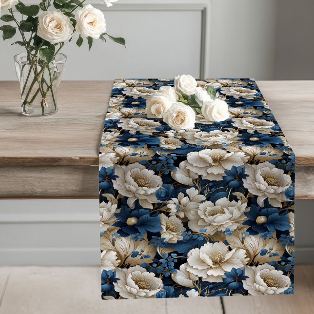 Long Chemin de table Navy Flowers Ivory (Navy Flowers Ivory Dining Table Runner)
