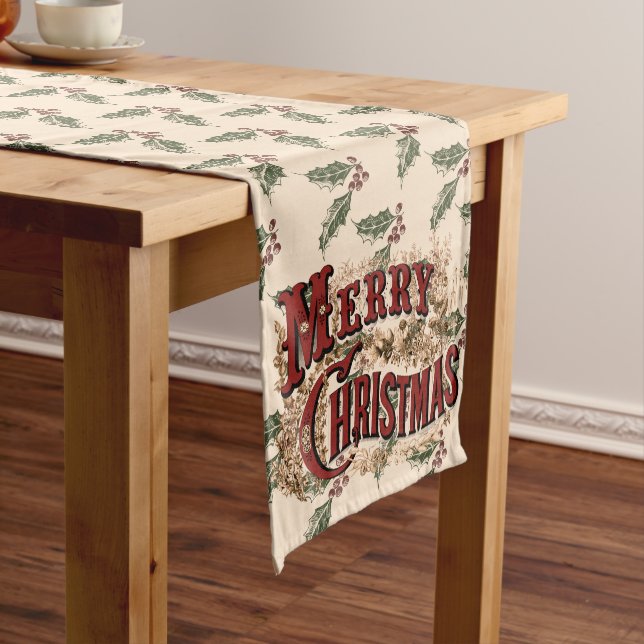 Long Chemin de table rustique "Joyeux Noël" au houx (In Situ)
