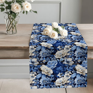 Long Fleurs bleues et blanches Élégant chemin de table