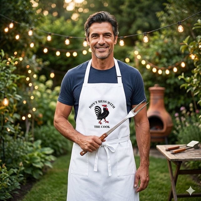 Long Tablier de cuisine drôle coq dessin animé (Portuguese rooster cartoon apron with a funny Don't mess with the cook text or custom text)