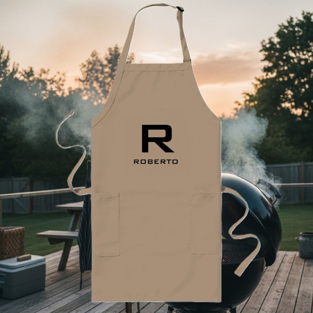 Long Tablier moderne personnalisé kaki beige barbecue p (bbq apron with name monogram)