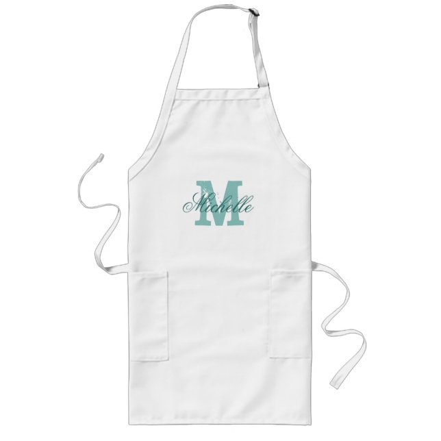 Long Tablier monogramme de nom personnalisé | bleu turq (Devant)
