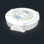 Lot De Dessous-de-verres Baptême Croix Crest Verdure Baby Boy<br><div class="desc">Cette conception présente une aquarelle illustrant la verdure Crest,  Croix bleue et rubans bleus. Vous pouvez ajuster le texte en fonction de vos besoins.</div>