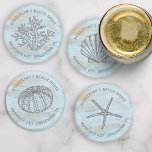 Lot De Dessous-de-verres Beach House Vintage Sea Shops Coral Custom<br><div class="desc">Un ensemble de dessous de verre très mignon avec des graphismes vintages de la mer - coquille, oursin, étoile de mer et corail, le tout contre un arrière - plan patiné en bois bleu. Ajoutez deux lignes de texte personnalisé à personnaliser. Idéal pour une maison de plage, location de vacances,...</div>