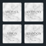Lot De Dessous-de-verres Marbre blanc classique Groomsman personnalisé<br><div class="desc">Cadeaux Groomsman personnalisés classiques avec nom, titre et date mariage personnalisés en style serif classique gris sur arrière - plan en marbre blanc. Aussi parfait pour Best Man, Père de la Mariée et plus. Remarque : Les détails du papier sont simulés dans l'illustration. Il n'y aura pas de métal sur...</div>
